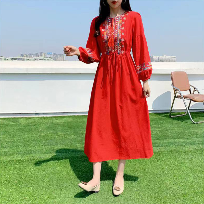 Linen Dress Woman Embroidery Long Sleeve Dress Elegant Ethnic Boho White Clothes Autumn Winter Dresses For Women Party 2022 Red-image-755852134