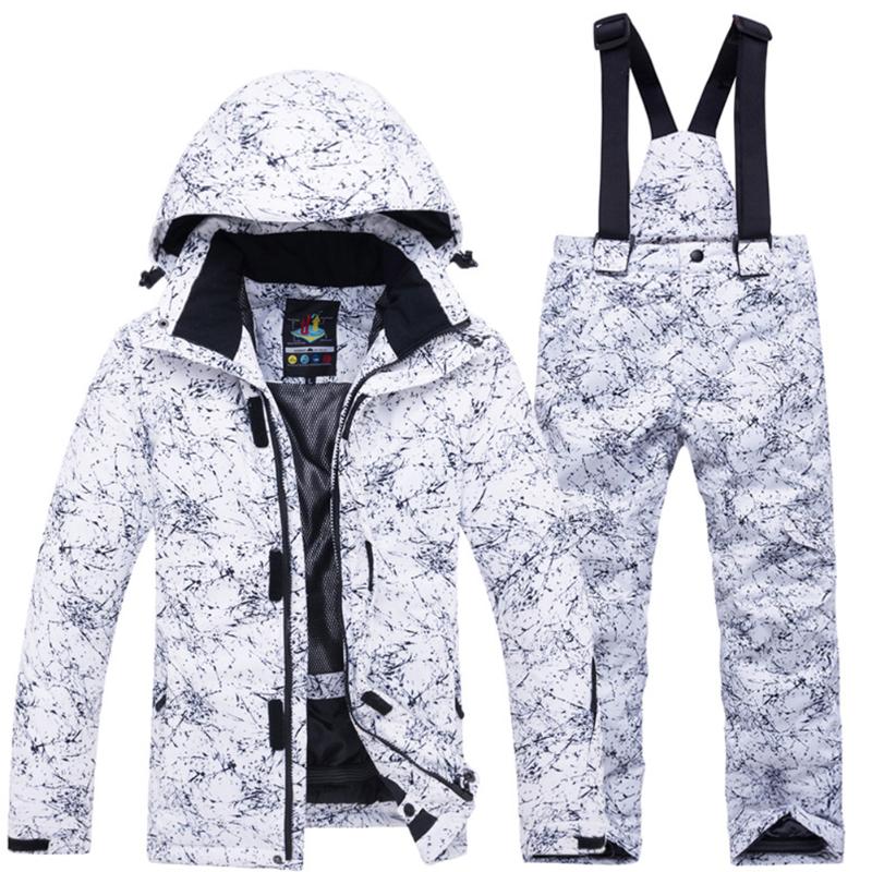 

Boys Girls Waterproof Winter Snowboarding Fashion Pocket Warm Kid Ski Suit Set Thickened Windproof Thermal Zipper Jacket Pants, White