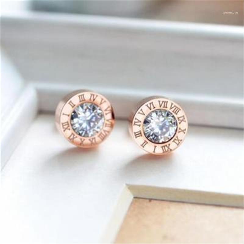 

YUN RUO Zircon Roman Number Stud Earring Couple Woman Man Gift Rose Gold Titanium Steel Jewelry Not Change Color Drop Shipping1