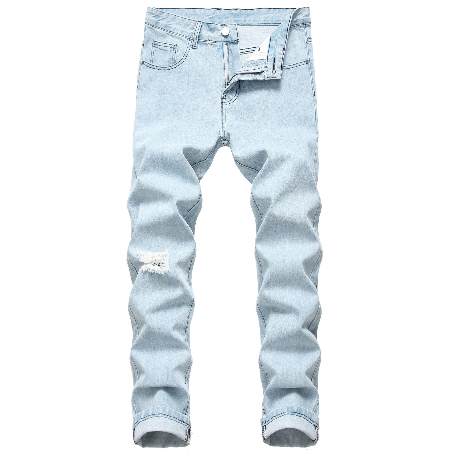 

2021 New Autumn Spring Men's Ripped Light Blue Street Hip Hop Stretch Bike Trendy Holes Straight Denim Trouers Im0l, 4017 1