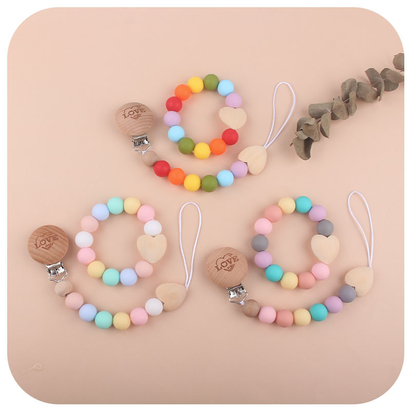 Baby Pacifier Holders Chain Clips Weaning Teething Natural Wooden Silicone Beads Pacifiers Newborn Teeth Practice Toys Infant Feeding Teether 2Pc-image-747774466