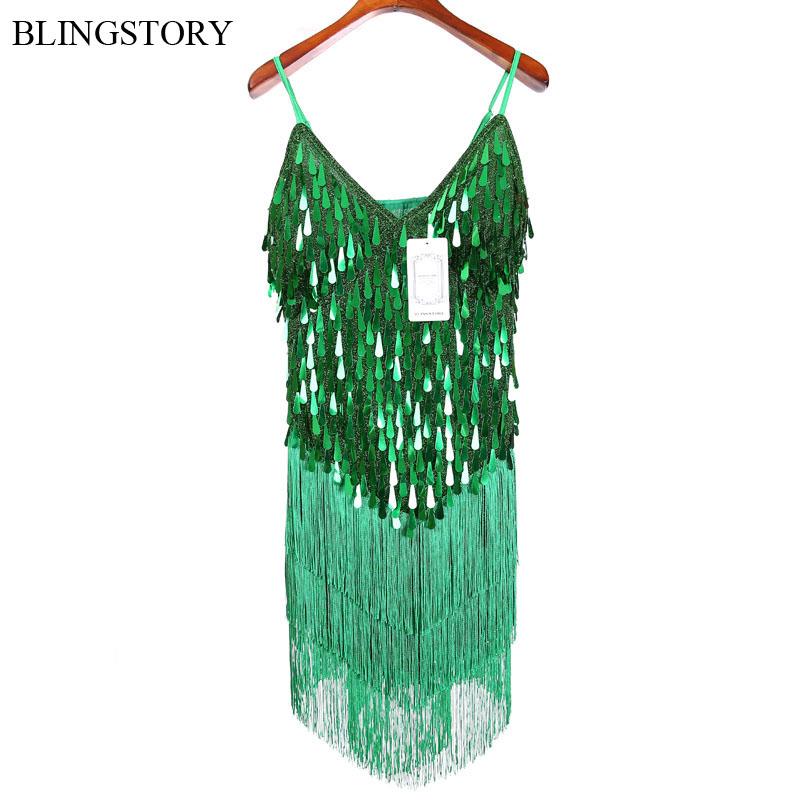 

BLINGSTORY Women Latin Costume Sexy Spaghetti Strap V-neck Nightclub Dance Dress, Green