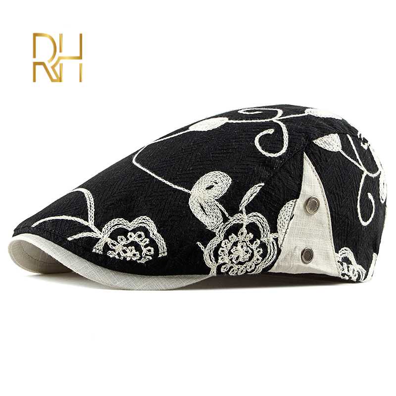 

Casual Retro Hat Ladies Men and Women Spring Summer Sun Embroidered Floral Forward Hat Ladies Newsboy Cap RH, Black