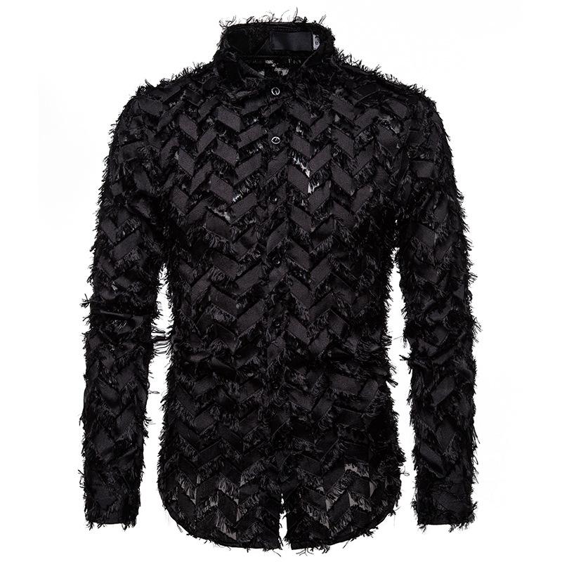 

Men' Shirt Handmade Three-dimensional Feather Fabric Features Henry Collared Long Sleeve Shirt, Black