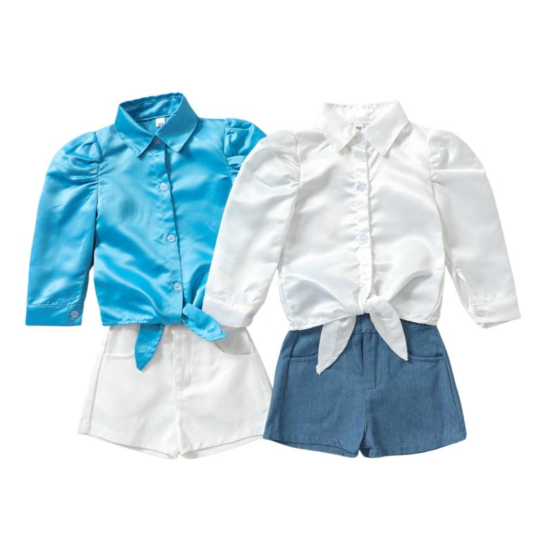 

Clothing Sets Girls Clothes Set Fashion Kids Suit Children Solid Long Sleeve Blouse Tops + Denim Shorts, White