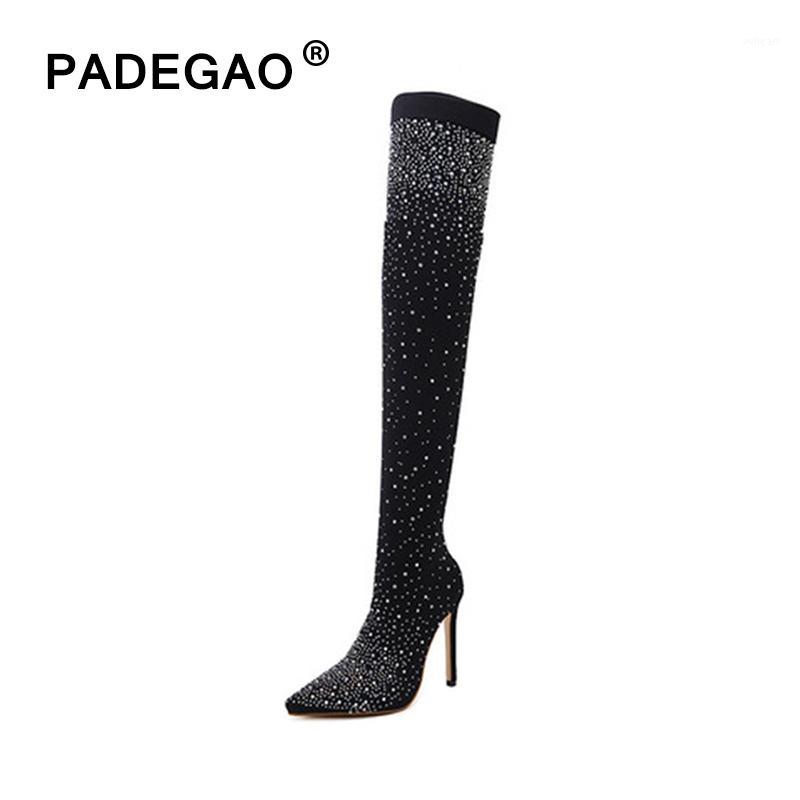 

Women Glitter Crystal Boots Over The Knee Sock Boots Ladies Pointed Toe High Heels Woman Pumps For Party Female Shoes Plus Size1, Black
