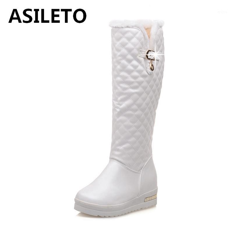 

ASILETO Women Snow Winter Warm Knee boots Slip On Flat with Platform High increased Solid Bukle Plus size 34-42 White Casual1, Pink