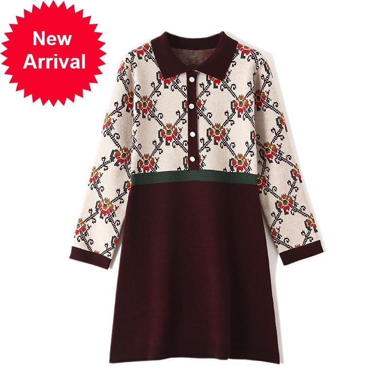 

Marca 2021 New Designer De Luxo Feminino Inverno a Line Vestido Bordado Flor Do Vintage Natal Lapela Malha Camisola Pulver Roupas USSV, Blue