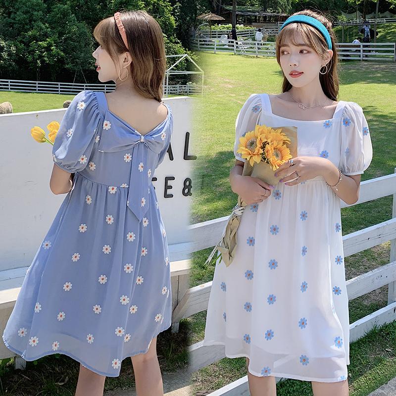 

9255# Maternity Dress Summer Nursing Floral Cotton Short Sleeve Loose Stylish Dress for Pregnant Women Mom1, Rice white pregnancy