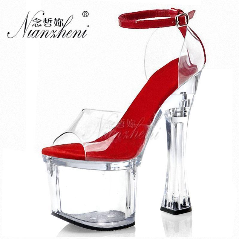 

18cm Super High heeled shoes Clear Crystal Spool heels Shallow Buckle strap Women's Sandals 7 inches Fashion Cross dressing Sexy1, Black