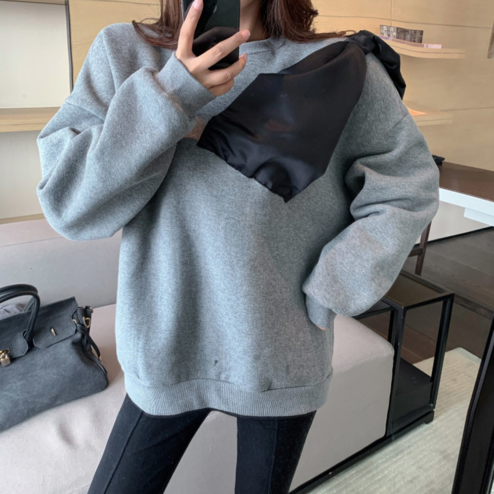 

2021 New Korean Version Hoodie Autumn Winter Fashion Loose Simple Best Bowknot Round Neck Long Sleeve Top LKZF, Gray