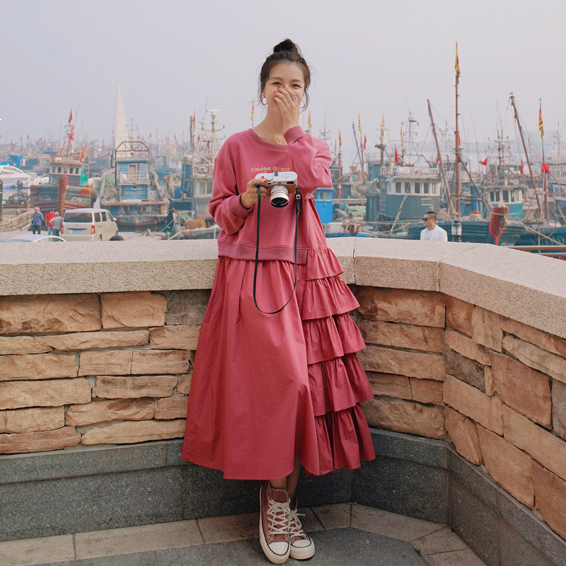 

2021 New Female Dress Spring New Oversized Long Sewing Xl-6xl Loose Fashion Around the Neck Sweater Dress2h Tuil, Black