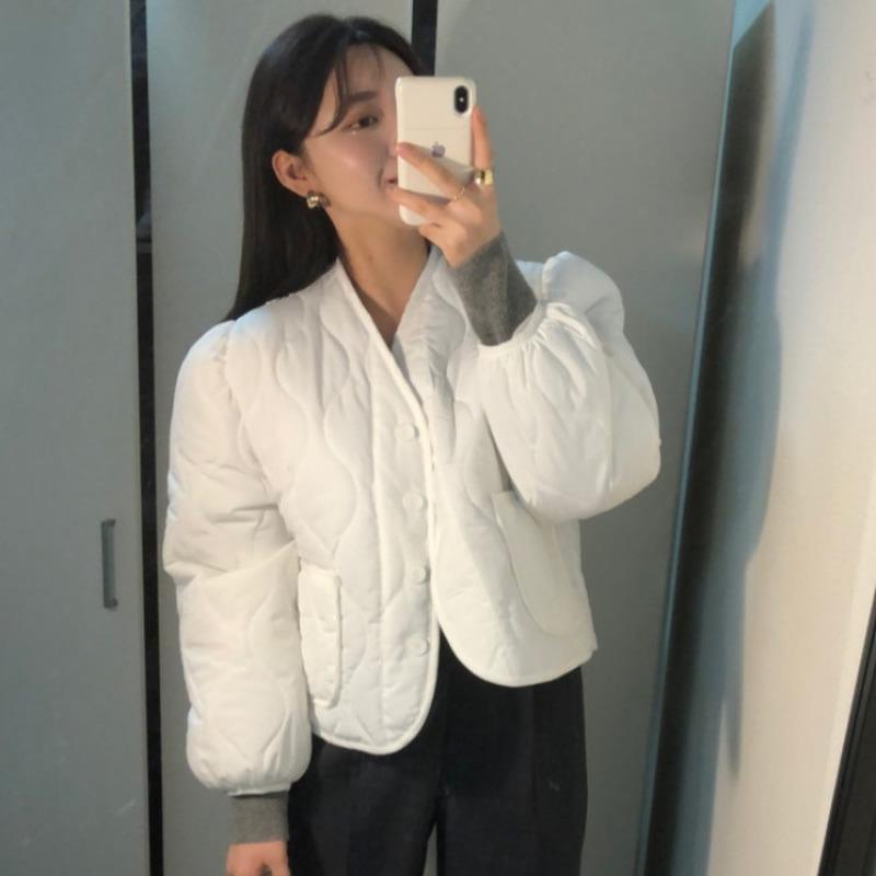 

Women's Down & Parkas Korean Fashion V Single-breasted Black Short Coat Puff Sleeve White Jacket Chaquetas Para Mujer Bubble Plaid Elegant
