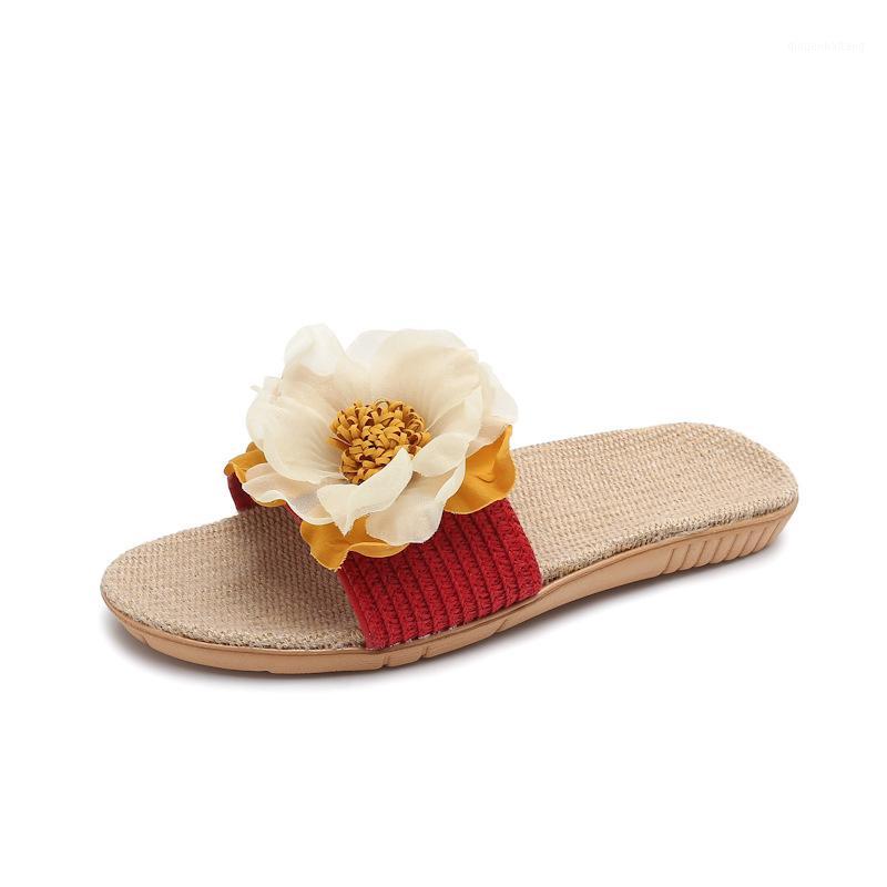 

Summer New Non-Slip Platform Home Slippers Soft Bottom Indoor Four Seasons Cotton and Linen Slippers Flower Linen Women1, Red