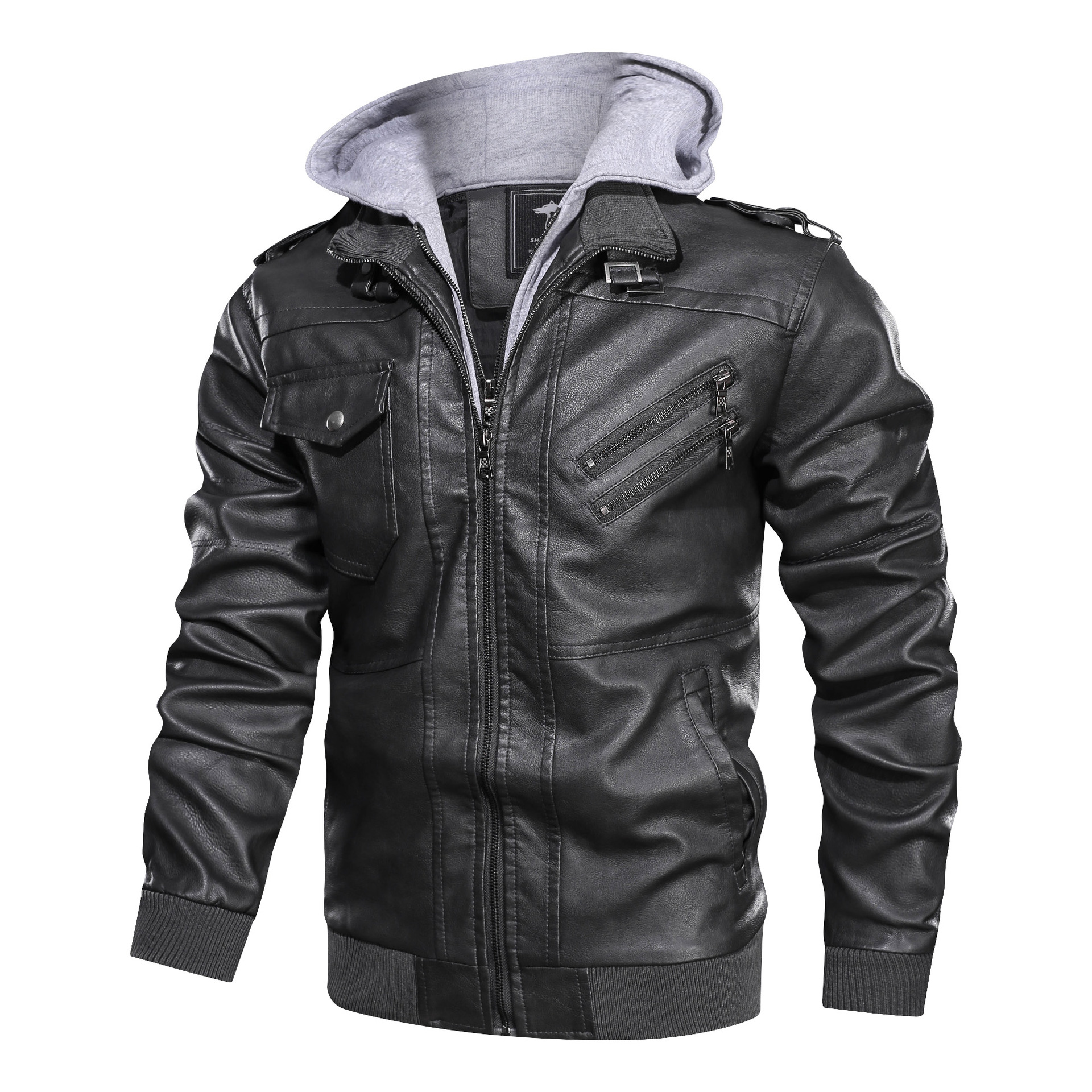 

Mens Fashion leather Jackets Hooded Autumn Winter PU Jacket Street Style Clothing Long Sleeve Tops Zipper Men' Outerwear Coats, Gray