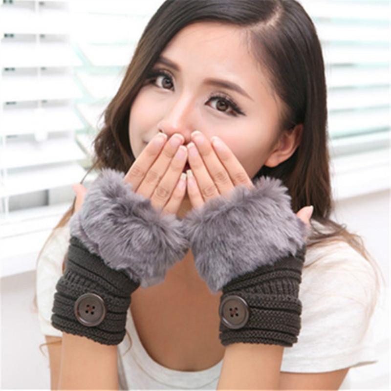 

Five Fingers Gloves Knitted Warm Button Half-finger Winter Cycling Imitation Fur Fingerless Women