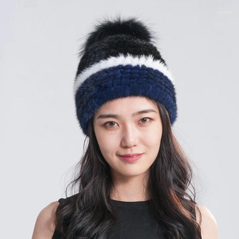 

Women's Knitted Mink Hat 2020 New Fashion Raccoon Fur Ball Women Winter Headgear Cap Ski cap1, Brown