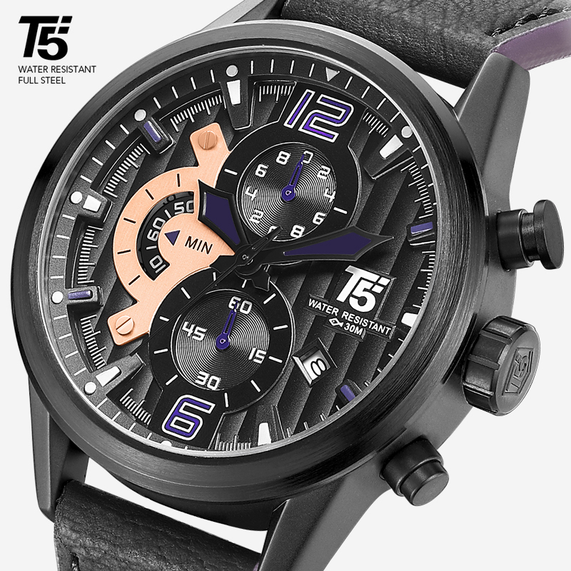

Men's sports watch, quartz timer, luxury, waterproof, black, T5, Silver