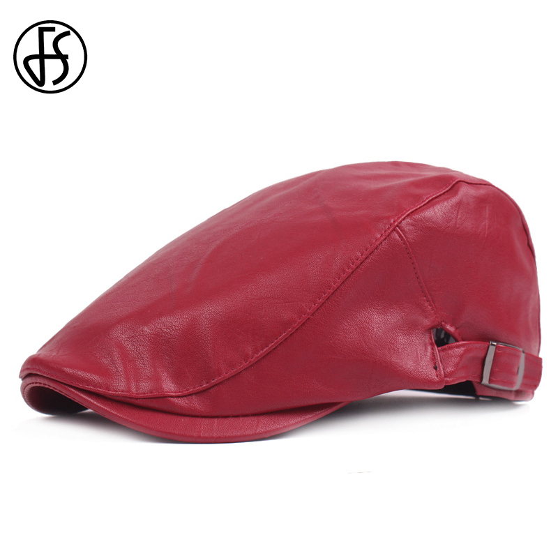 

FS Vintage PU Leather Beret Cap Women Elegant Red Navy Blue Flat Cap For Men Gentleman Spring Summer Outdoor Wear Boina Hombre, Red flat cap