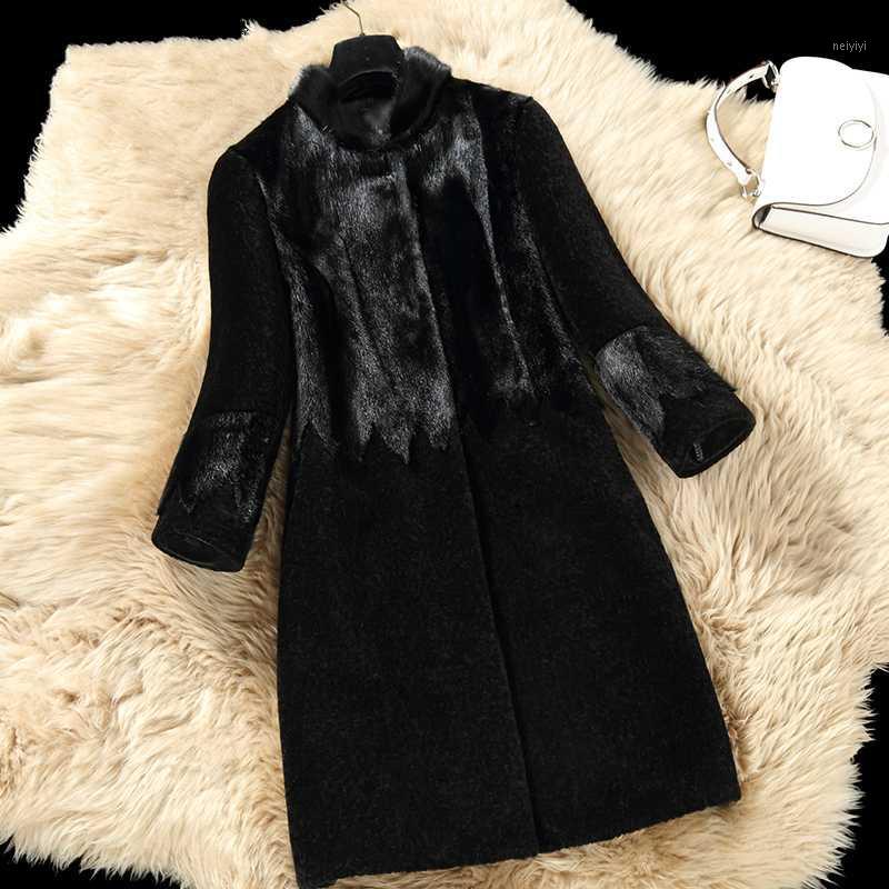 

Women's Fur & Faux Real Wool Coat Female Winter Warm Jackets For Women Sheep Shearling Coats Patchwork Natural Jacket X-161, Black