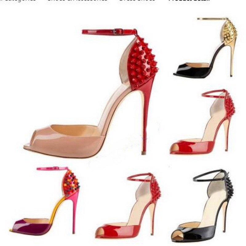 

Hot Sales New Women fashion Rivets High Heels Dress Peep Toes Shoes Super High Heel Sandals Spiked Studded Red Bottom Pumps 10cm size 34 -42, Color 1(with box)
