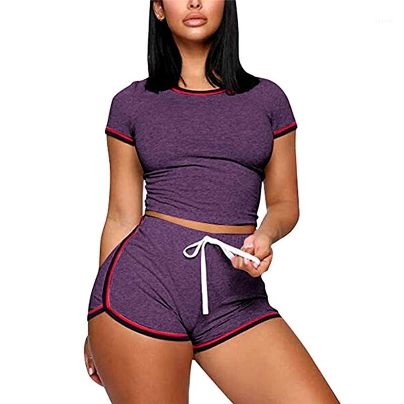 

Women Short Sleeve Crop Top Drawstring Shorts Sport Fitness Female Slim Elastic Outfits Solid Tracksuit1