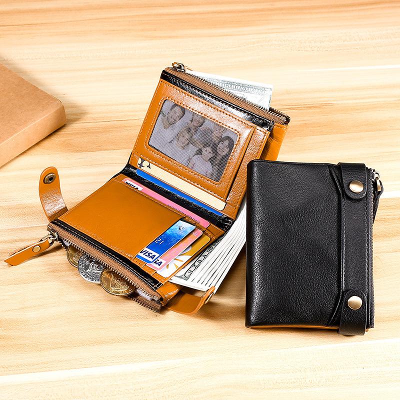 

Genuine oil wax leather mens wallet Double Hasp and Zipper Men wallet Vintage Men's purse Big Capacity RFID carteira masculina, Black