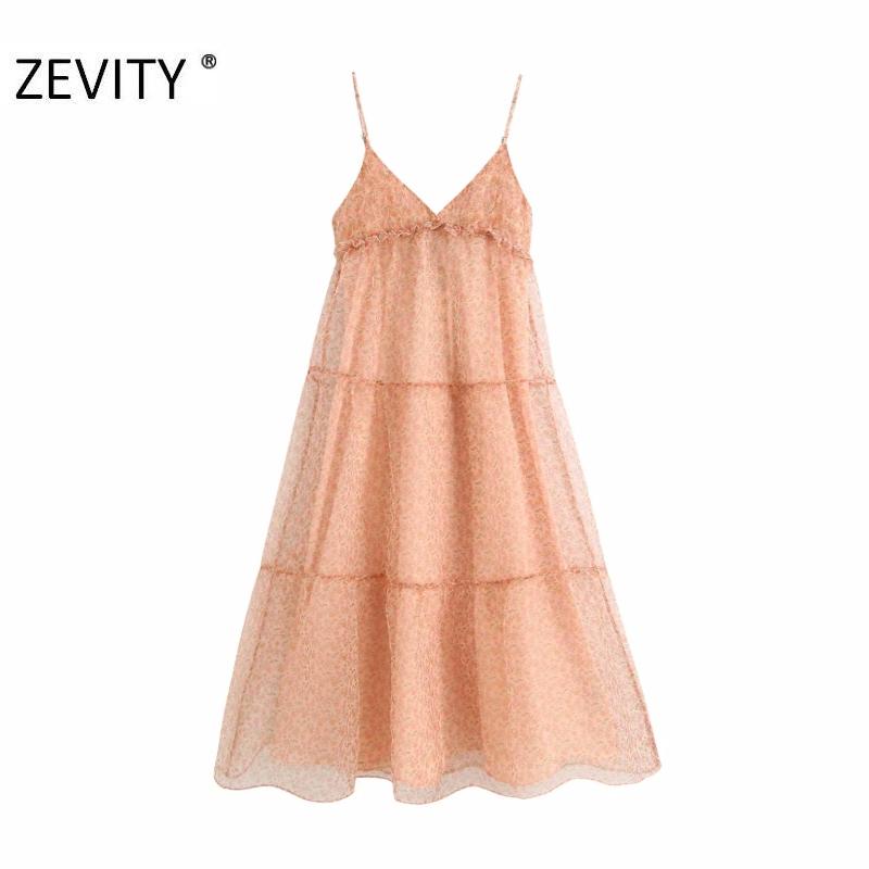 

Zevity New Women v neck floral print organza vestido casual sling midi dress ladies adjustable strap Chic ruffles Dresses DS4238, As pic ds4238bb