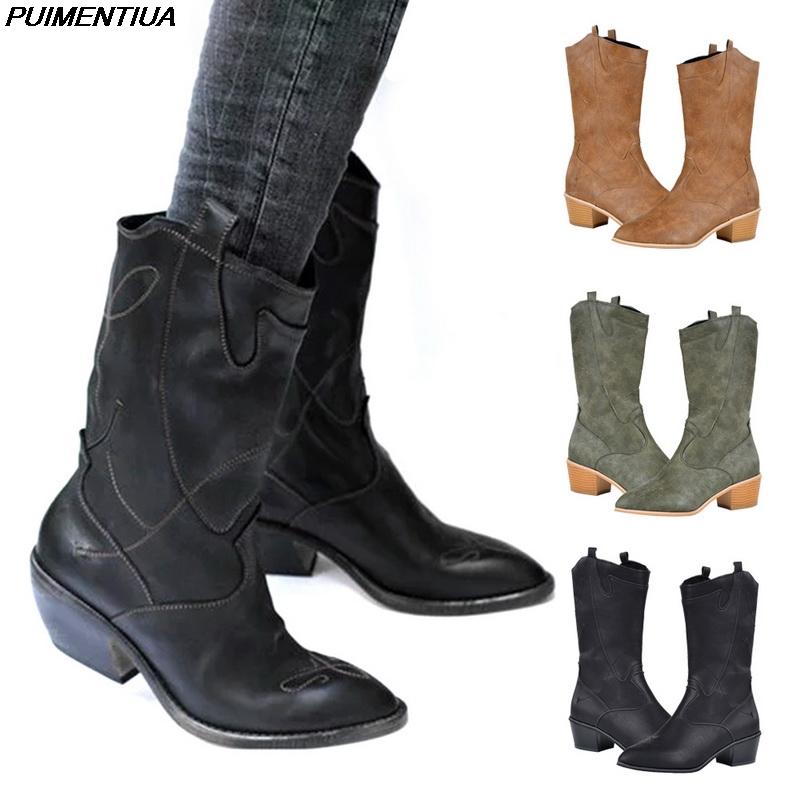 

PUIMENTIUA Vintage Slip-on Women Boots Western Retro Cowboy PU Leather Shoes Woman high heels Winter Boots Ladies Botas Mujer, Brown