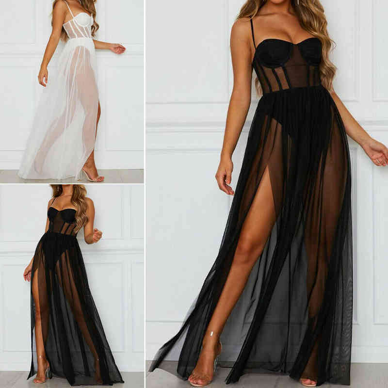 

Summer Women Mesh Sheer Sling Long Dress Party Club Dress Sundress Summer Beach Casual Bikini Cover Up, White;black