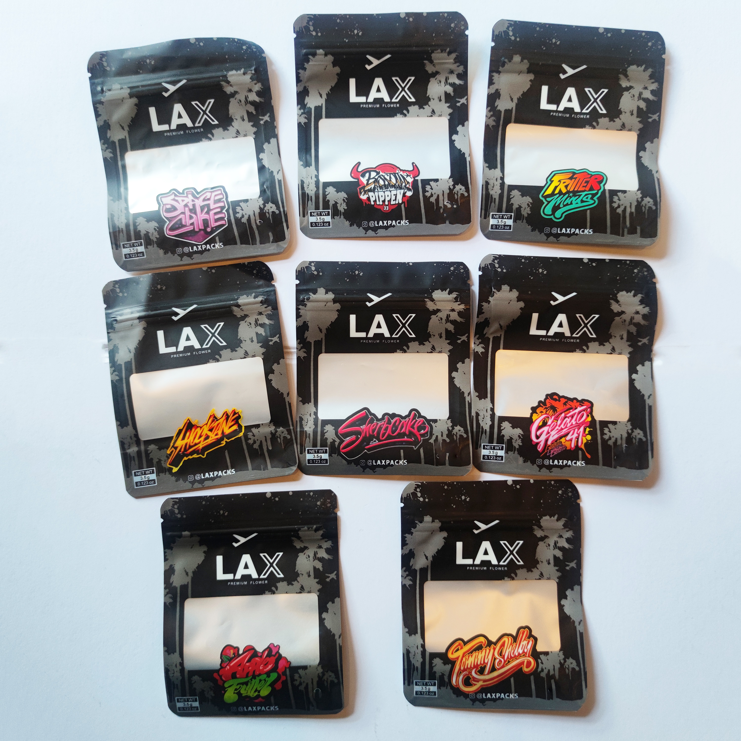 

High Quality 3.5 g LAX edible mylar bag Matte Black Pouch Frosted Stand Up Aluminum Foil Zipper Lock With Window Flower Package Bags In stock