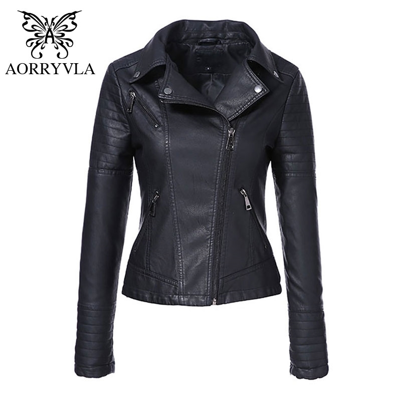 

AORRYVLA New Spring Autumn Women's Moto Biker Zipper Jacket Turn Down Collar Black PU Faux Leather Jacket Slim Lady Basic Coat 210201