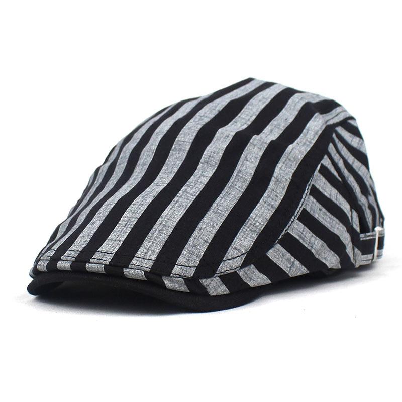 

2020 stripe Breathable Newsboy Caps Men Cotton Flat Peaked Cap Women Painter Beret Hats 07, White