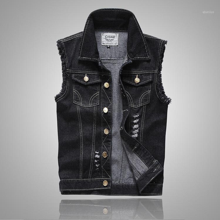 

Plus Size Ripped Black Denim Vest Mens Slim Fit Male Jeans Sleeveless Jacket Tank Top Cowboy Brand 5XL Armhole Style1