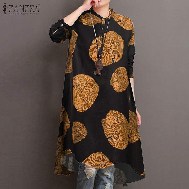 

2021 Autumn Long Sleeve Blouse ZANZEA Casual Cotton Linen Shirt Vestido Women Vintage Printed Blusas Female Robe Tunic Plus Size, Black