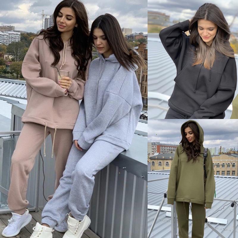 

Women Sport Suit Gym Workout Clothes Casual Fleece Long Sleeve Plus Size Solid Hoodie Trousers Sports Suit Leggings Running Set, Black