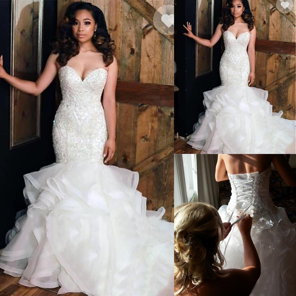 

African Sweetheart Organza Mermaid Wedding Dresses Bead Stones Top Layered Ruffles Plus Size Wed Bridal Gowns robe de mariée, White