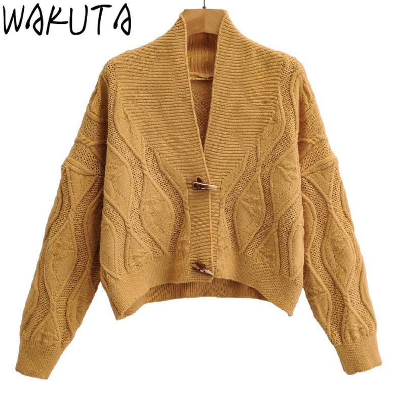 

WAKUTA Vintage Short Cardigan Women 2020 Autumn New Loose Long Sleeve Chic Solid Color Single Breasted Cropped Knitwear Tops, Photo