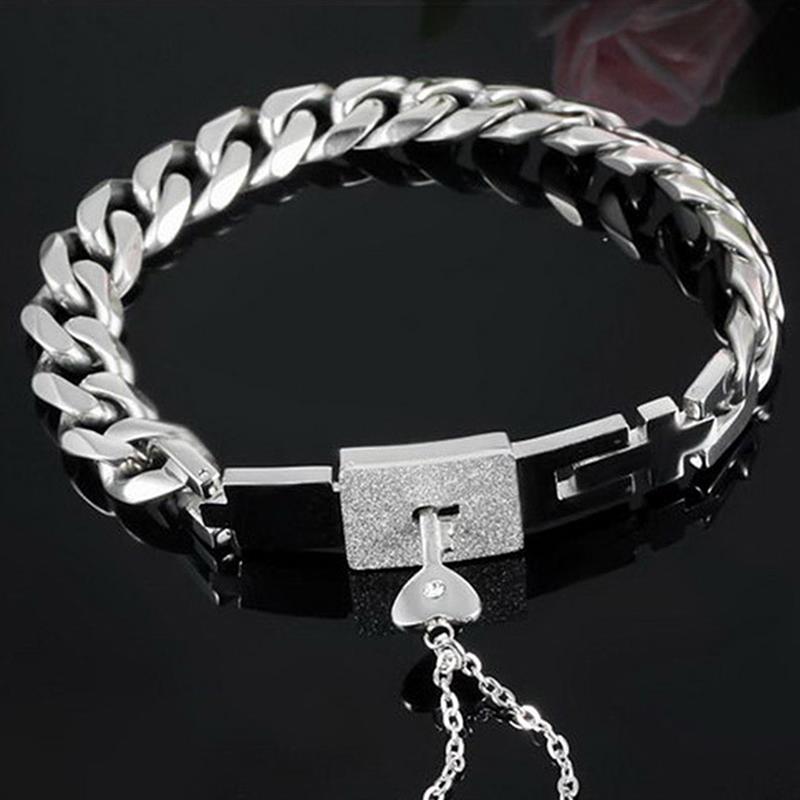 

Valentine's Day Gift Couple Jewelry Sets Stainless Steel Love Heart Lock Bracelets Bangles Key Pendant Necklace Couples #8
