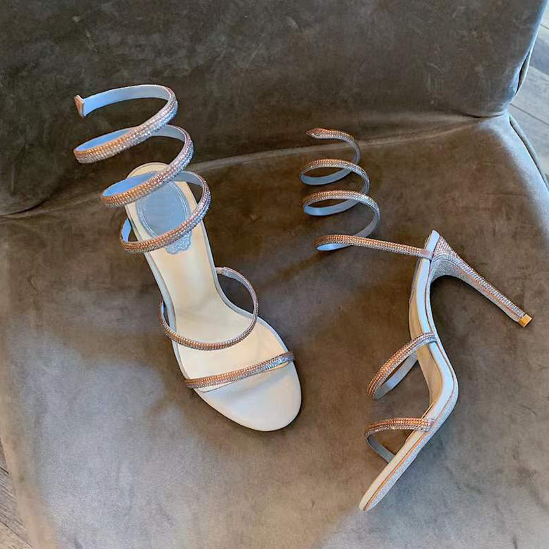 

Cleo Crystals Embellished fine Heels sandals 95mm Rhinestone black gules Evening shoes women high heeled Luxury Designers Wraparound Dress shoe factory footwear, Red