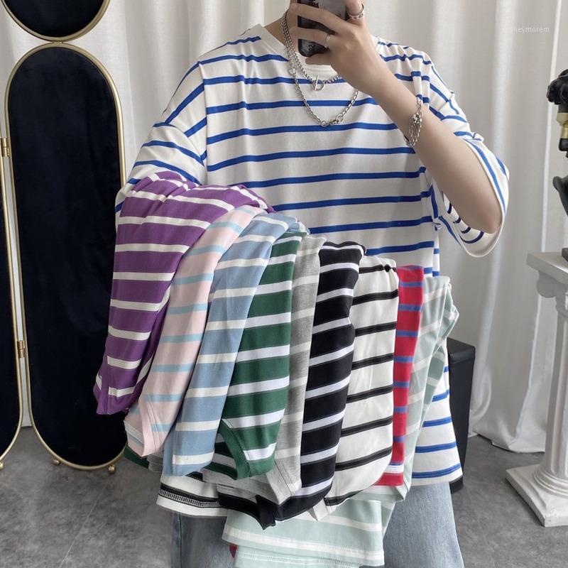 

Summer Striped T Shirt Men' Fashion Contrast Color Casual Loose Cotton T-shirt Men Streetwear Short-sleeved Tshirt Mens -2XL1, Black