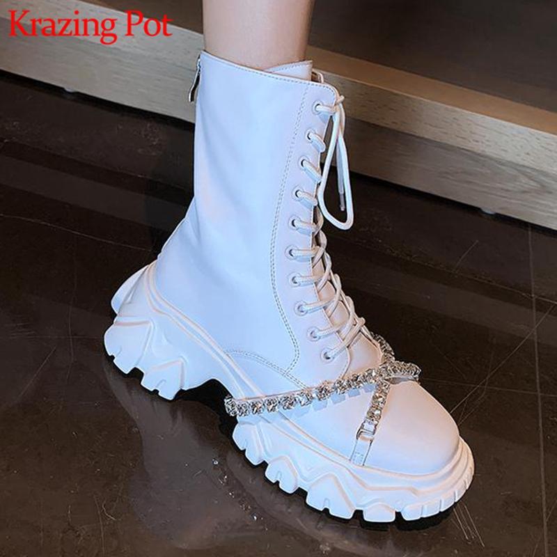 

Krazing Pot genuine leather round toe western boots rhinestone beading-studded thick bottom dating charming mid-calf boots L77, White