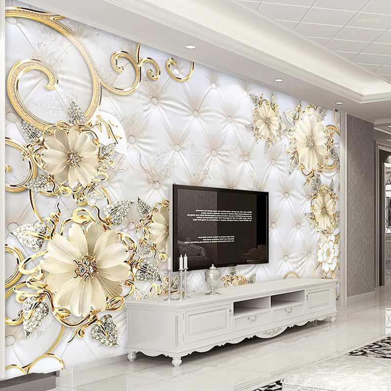 

European Style 3D Jewelry Flower Soft Bag Mural Luxury Living Room Sofa TV Background Imitation Leather Pattern Wallpaper Murals1, As pic