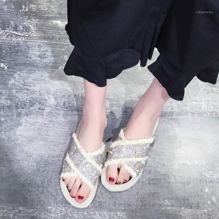 

2020 Summer New Cross Crystal Slippers European Station Beach Slippers Women's Net Red Fashion Wear Sandals1, Black