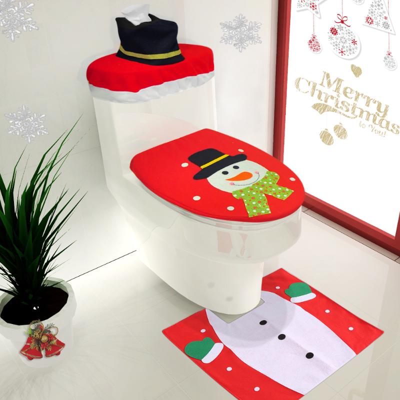 

3pcs/set Christmas Decorations Toilet Seat Cover + U-shaped Rug + Tank Lid Tissue Box Cover Set Christmas Decoration for Home, As pic 4