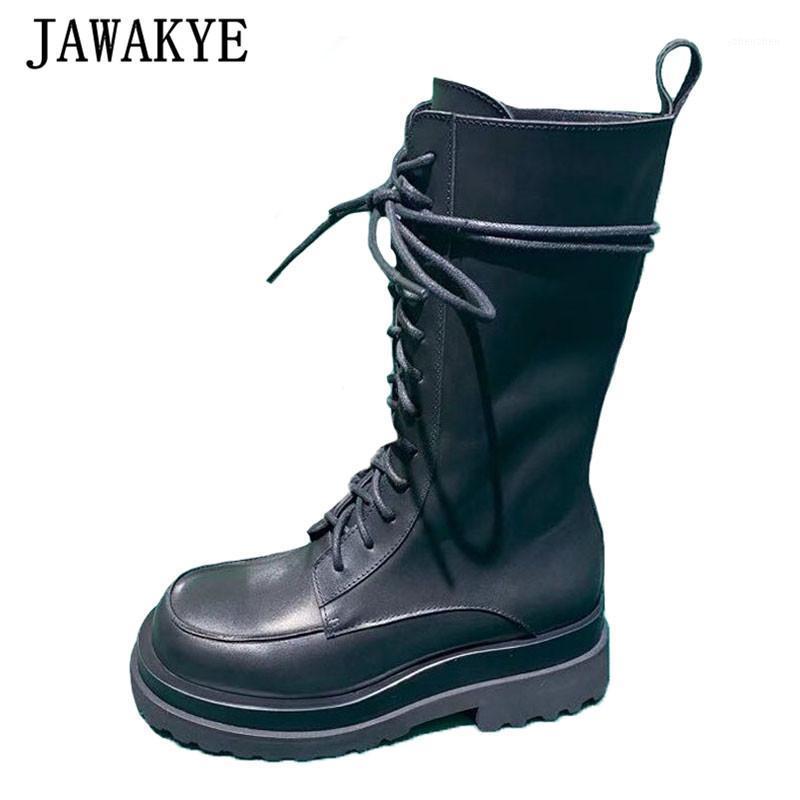

New Platform Lace Up Motorcycle Boots for Women Black Genuine Leather Round Toe Combat Army Boots Thick Sole Gothic Shoes Woman1