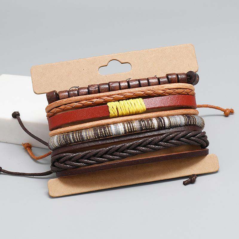 

Charm Bracelets European And American Woven Male Leather Bracelet For Man Punk Style Adjustable Diy Four-piece Hip Hop Jewelry Men