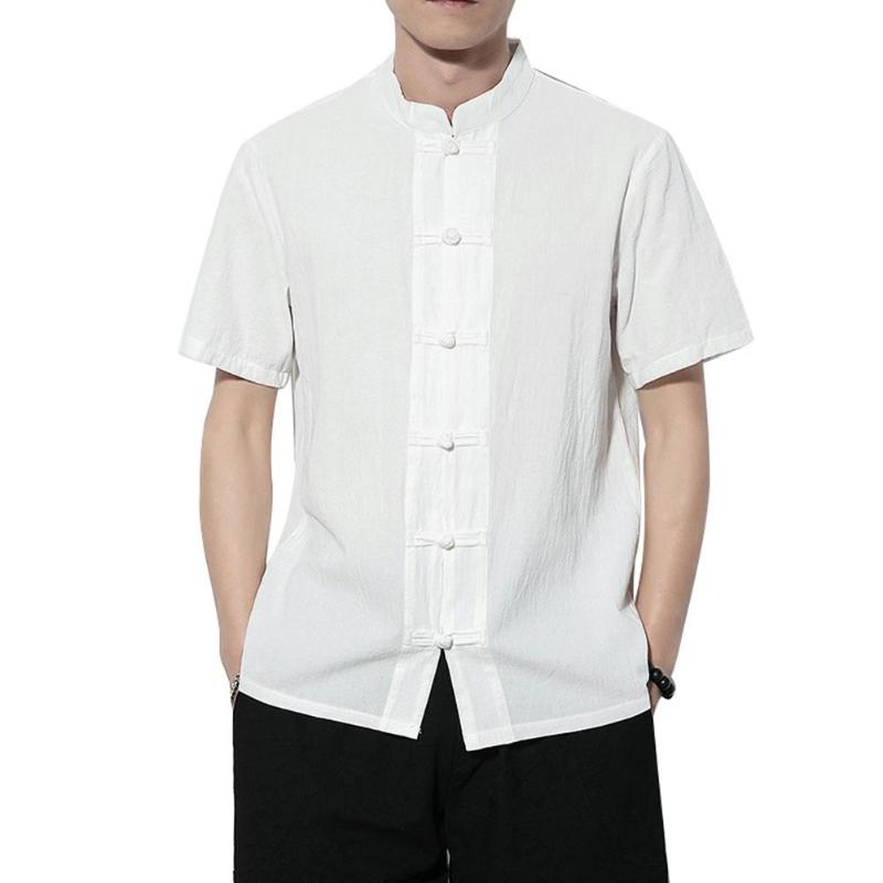

Men Shirt Tops Solid Color Button Stand Collar Short Sleeve Loose Shirt Chinese Style Tang Suit Vintage Male Casual Shirts, White