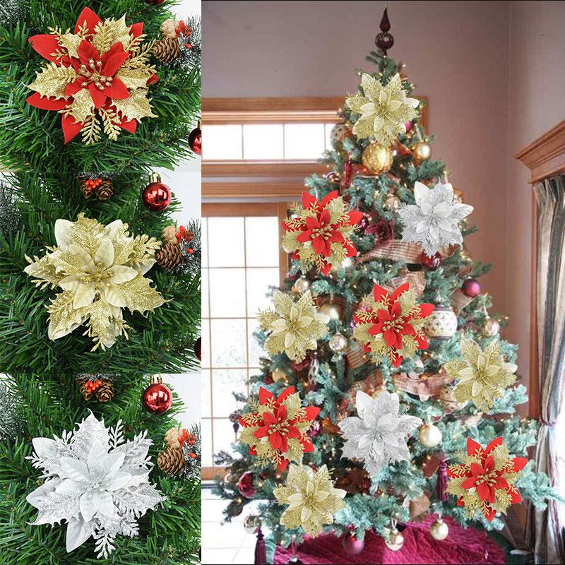 

5pcs Christmas Decoration 14cm Glitter Artificial Flower Head For Christmas Tree Ornament Fake Flower DIY Wedding Birthday Decor