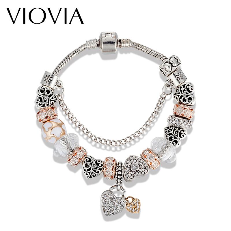 

Charm Bracelets VIOVIA European Fine Beads Jewelry Silver Color Heart Gold-white Crystal For Women DIY B16077